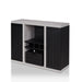 Left-angled black and cement-like wine bar cabinet against a white background. Two plank-style cabinet doors and a crate-inspired removable box give a rustic touch to the sideboard. Below the central open shelf are 4 wine slots.