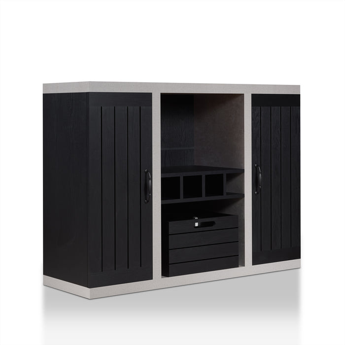 Right-angled black and cement-like wine bar cabinet against a white background. Two plank-style cabinet doors and a crate-inspired removable box give a rustic touch to the sideboard. Below the central open shelf are 4 wine slots.