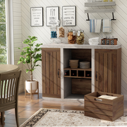 Left-angled walnut and cement-like wine bar cabinet in a farmhouse dining room. The crate-inspired box is removed and sits on the floor in front of the sideboard.