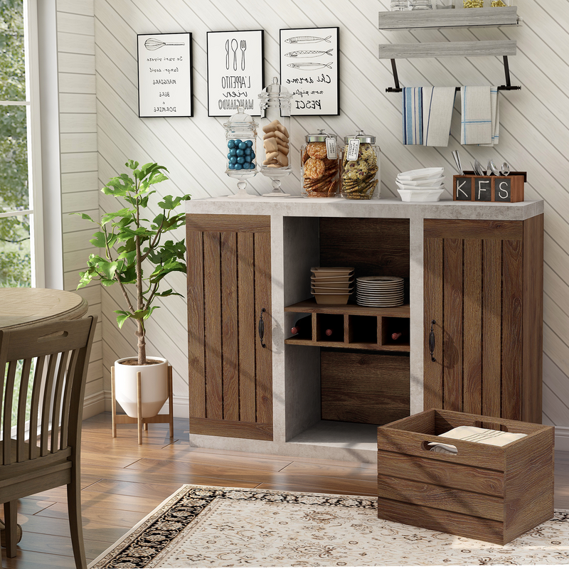 Left-angled walnut and cement-like wine bar cabinet in a farmhouse dining room. The crate-inspired box is removed and sits on the floor in front of the sideboard.