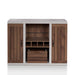Front-facing walnut and cement-like wine bar cabinet against a white background. Two plank-style cabinet doors and a crate-inspired removable box give a rustic touch to the sideboard. Below the central open shelf are 4 wine slots.