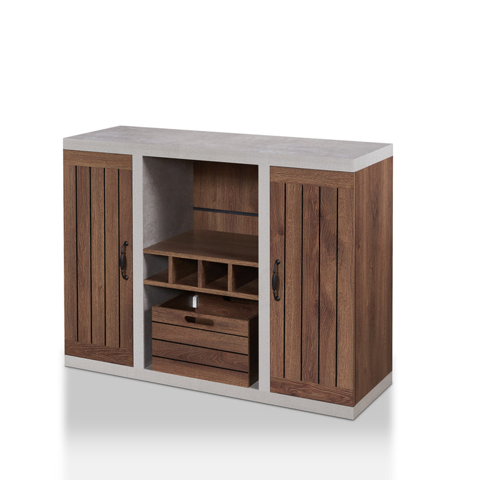 Left-angled walnut and cement-like wine bar cabinet against a white background. Two plank-style cabinet doors and a crate-inspired removable box give a rustic touch to the sideboard. Below the central open shelf are 4 wine slots.