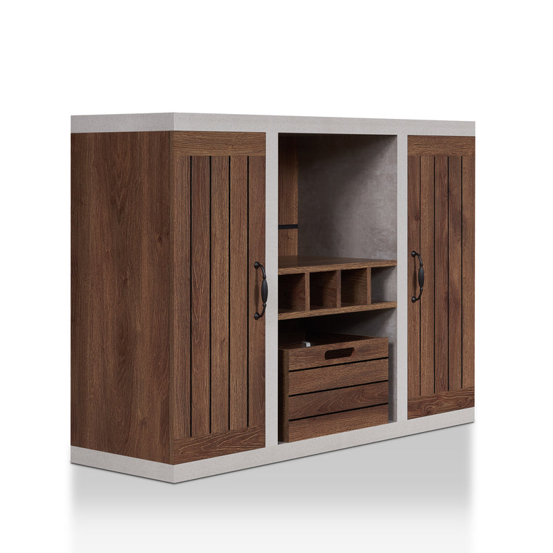 Right-angled walnut and cement-like wine bar cabinet against a white background. Two plank-style cabinet doors and a crate-inspired removable box give a rustic touch to the sideboard. Below the central open shelf are 4 wine slots.