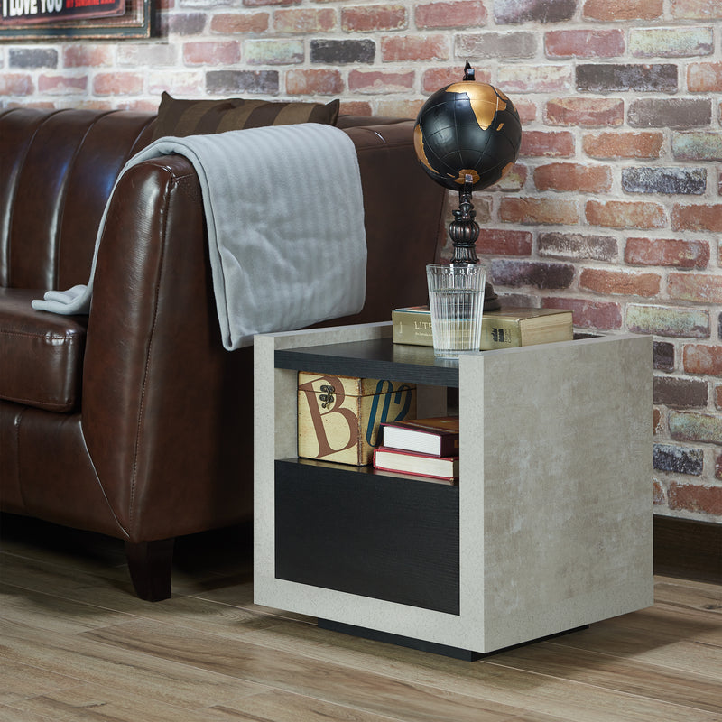 Tatro Black Concrete-Like Elevated Base End Table with Hidden Drawer