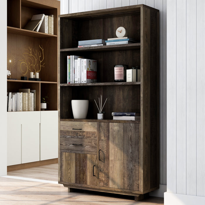 Jarlin Rustic Reclaimed Oak 6-shelf Drawer & Cabinet 70-inch Bookcase