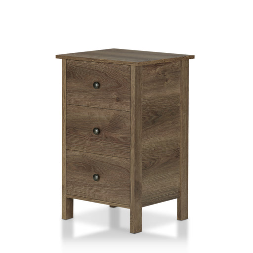 Left angled three-drawer nightstand in a distressed walnut finish on a white background