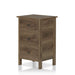 Left angled three-drawer nightstand in a distressed walnut finish on a white background