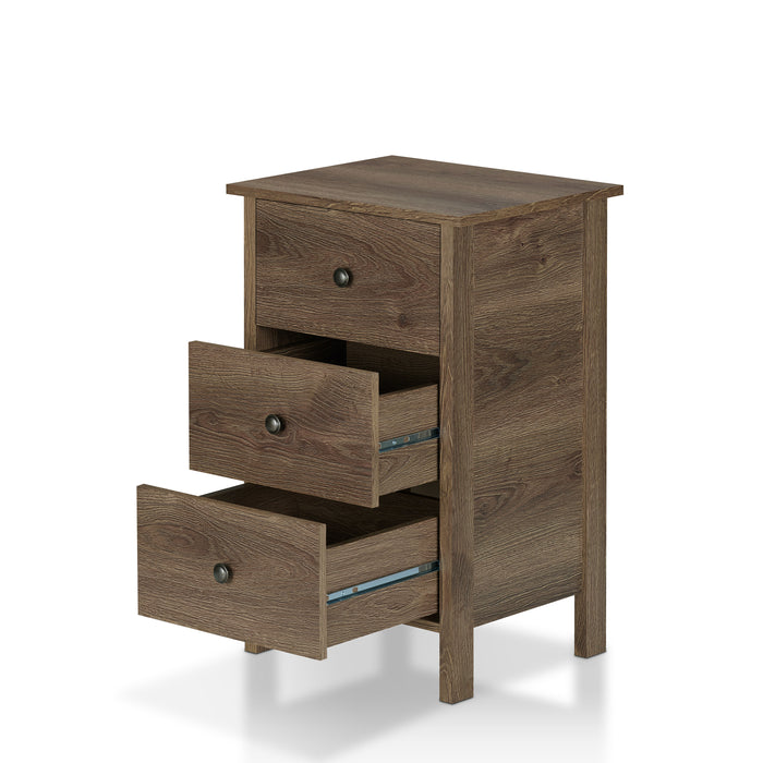 Left angled three-drawer nightstand in a distressed walnut finish with middle and lower drawers open on a white background