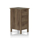 Right angled back view three-drawer nightstand in distressed walnut on a white background