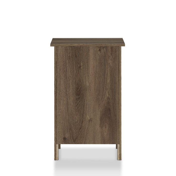 Front-facing back view three-drawer nightstand in distressed walnut on a white background