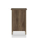 Front-facing back view three-drawer nightstand in distressed walnut on a white background