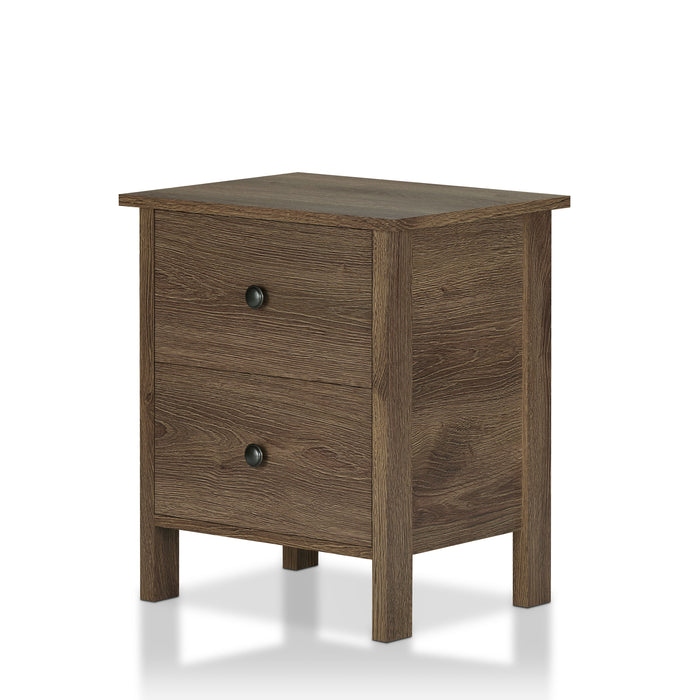 Left angled two-drawer nightstand in a distressed walnut finish on a white background