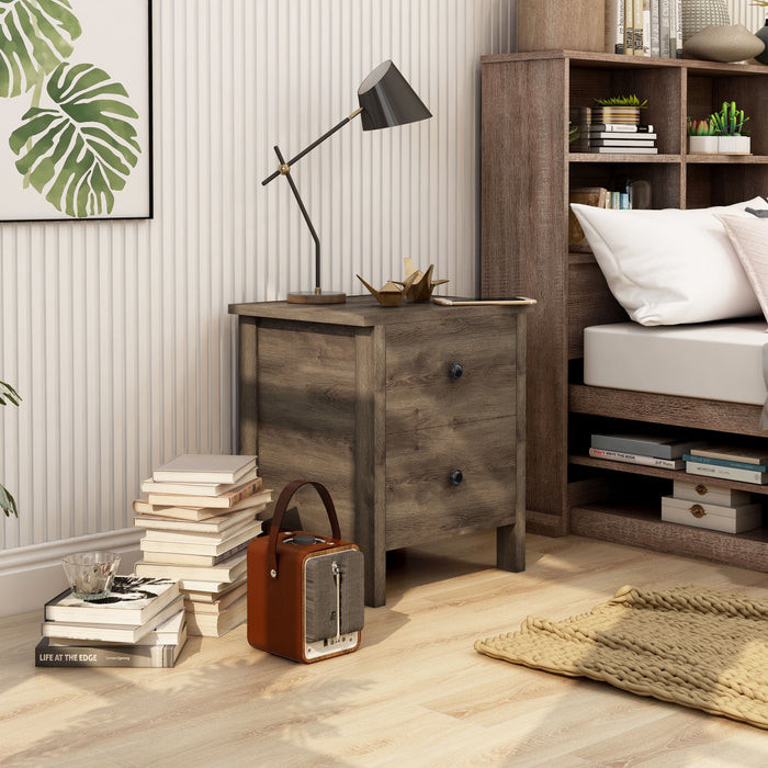 Right angled two-drawer nightstand in a distressed walnut finish in a bedroom with accessories