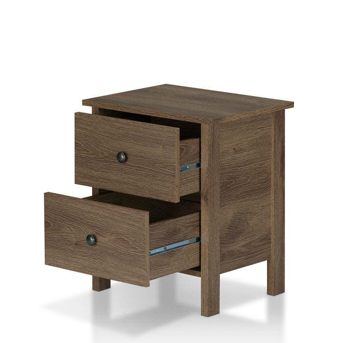 Left angled two-drawer nightstand in a distressed walnut finish with upper and lower drawers open on a white background