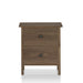 Front-facing two-drawer nightstand in a distressed walnut finish on a white background