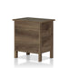 Right angled back view two-drawer nightstand in distressed walnut on a white background