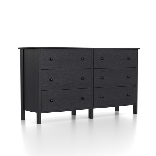 Right-angled black 6-drawer double dresser against a white background. Two black knobs on each drawer create a tuxedo look, while the overhung top adds traditional class.