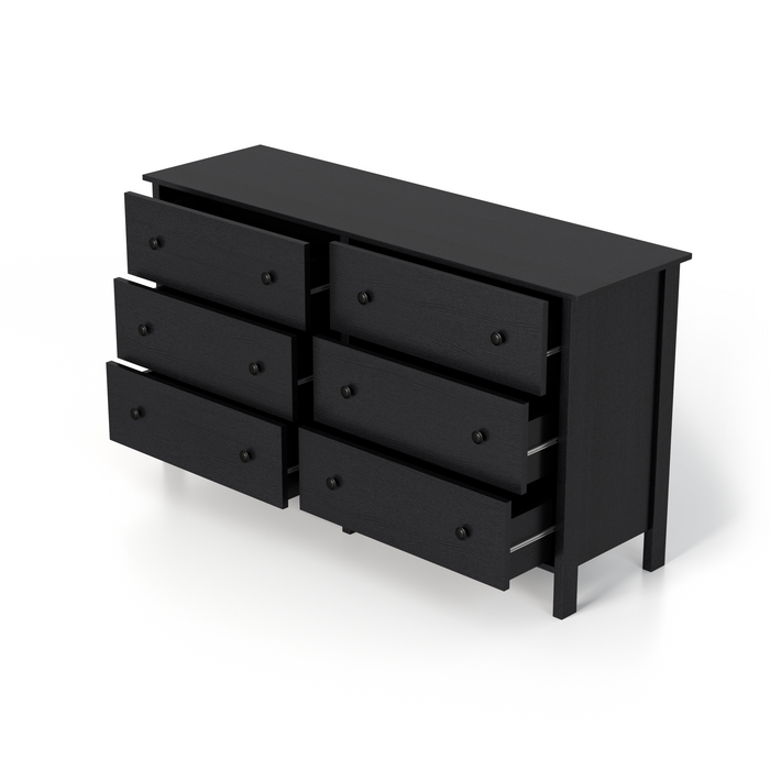 Left-angled black double dresser against a white background. The 6 drawers are open on metal glides.
