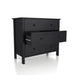 Right-angled transitional three-drawer dresser in black wood grain with center drawer open on a white background