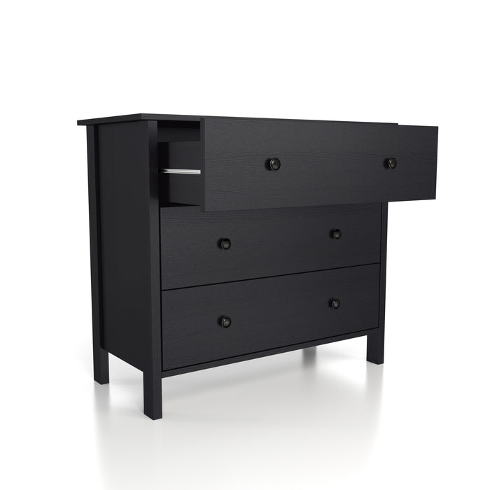 Right-angled transitional three-drawer dresser in black wood grain with top drawer open on a white background