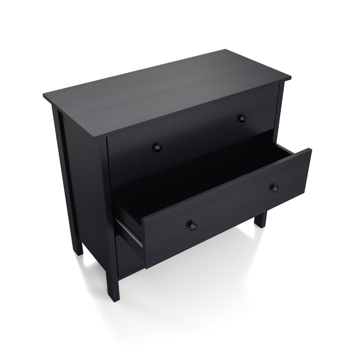 Right-angled top view transitional three-drawer dresser in black wood grain with center drawer open on a white background