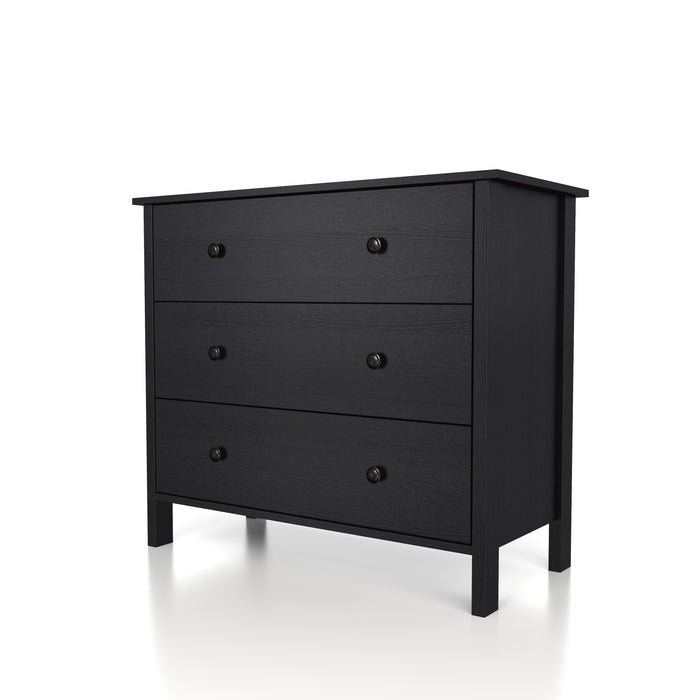 Left-angled transitional three-drawer dresser in black wood grain on a white background