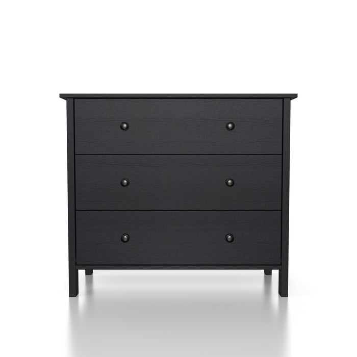 Front-facing transitional three-drawer dresser in black wood grain on a white background