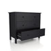 Right-angled transitional three-drawer dresser in black wood grain with bottom drawer open on a white background