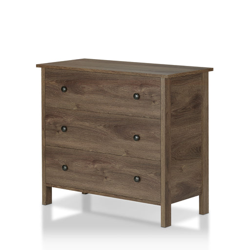 Left-angled transitional three-drawer dresser in distressed walnut on a white background