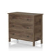 Left-angled transitional three-drawer dresser in distressed walnut on a white background