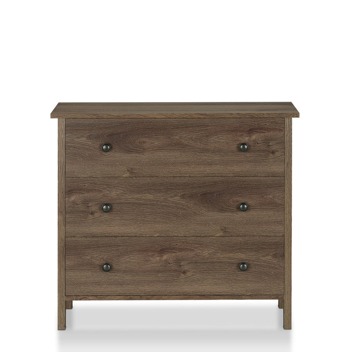 Front-facing transitional three-drawer dresser in distressed walnut on a white background