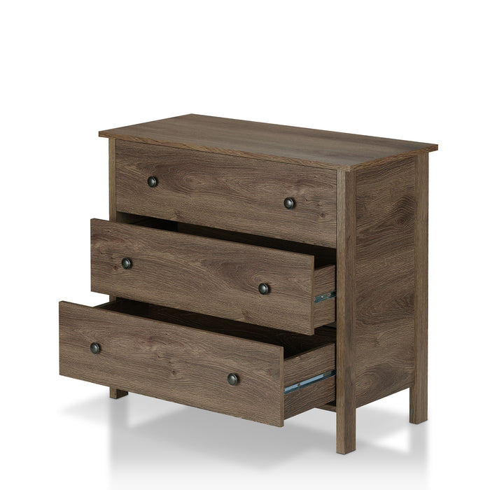 Left-angled transitional three-drawer dresser in distressed walnut with center and lower drawers open on a white background