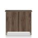 Front-facing back view transitional three-drawer dresser in distressed walnut on a white background