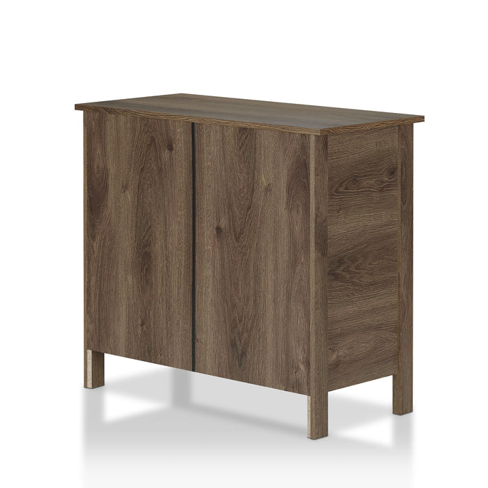 Left-angled back view transitional three-drawer dresser in distressed walnut on a white background