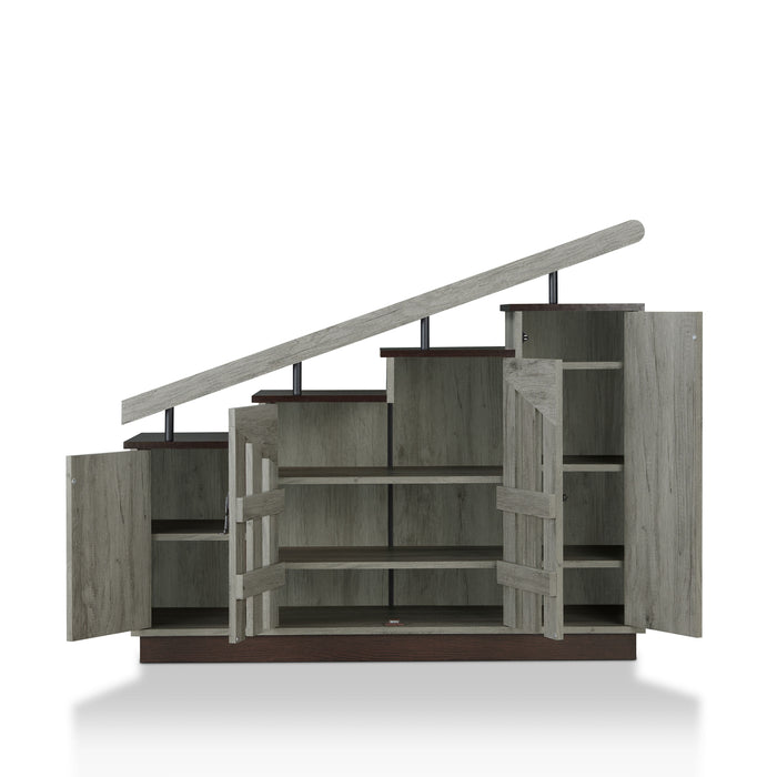 Front-facing rustic four-door stair-step storage cabinet in vintage gray oak with four doors open on a white background