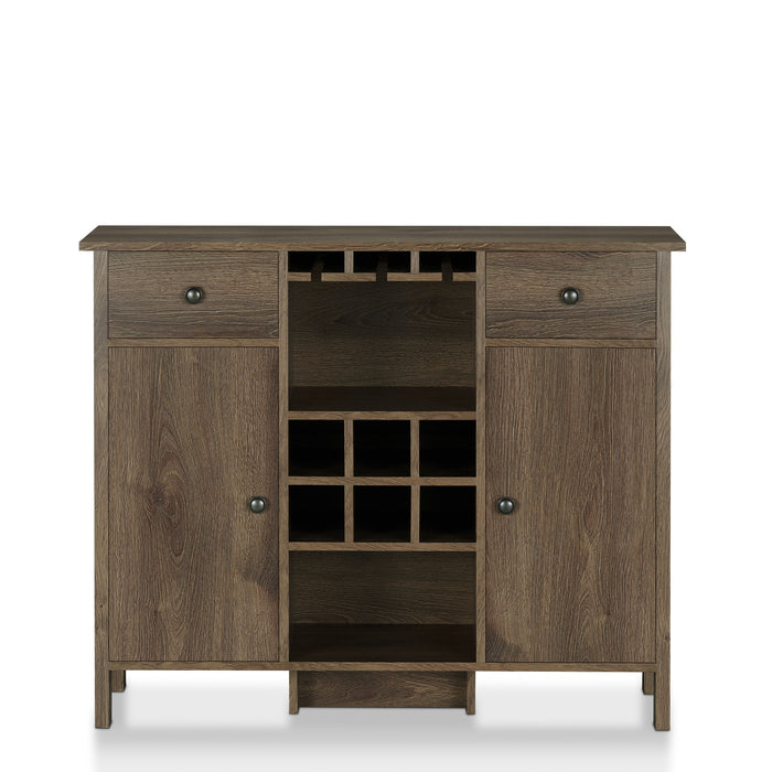 Front-facing distressed walnut wine bar cabinet against a white background. The transitional design presents 3 hanging stemware racks, 6 wine slot rack, and an open shelf. Flanking these are 2 drawers and 2 cabinets.