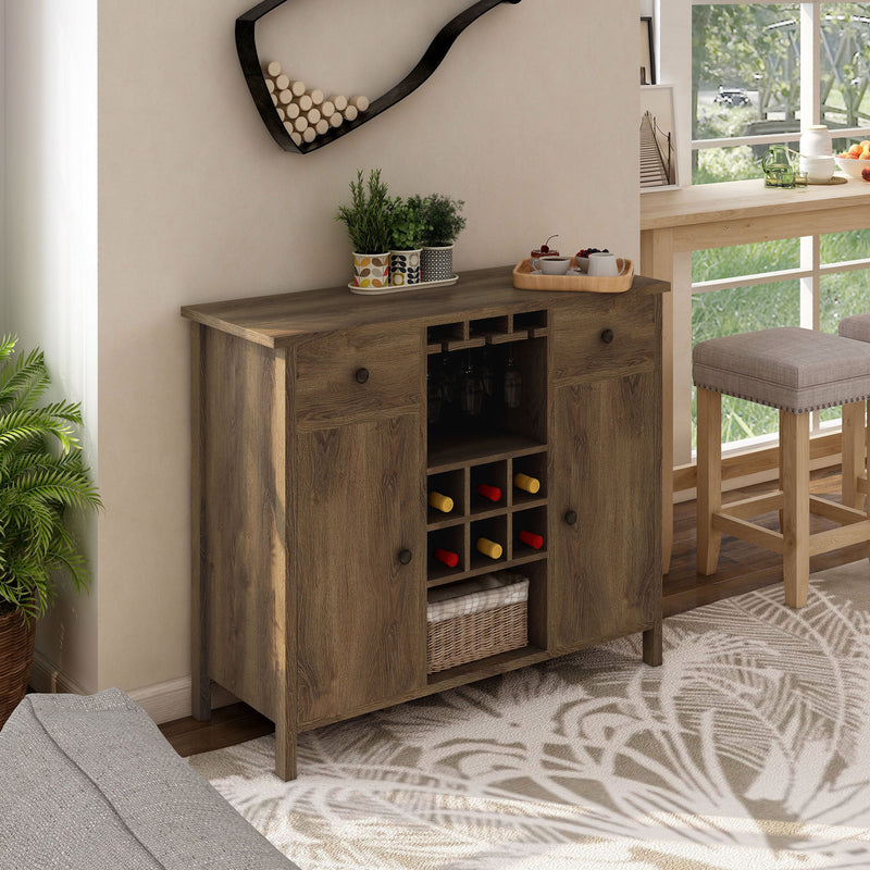 Right-angled distressed walnut wine bar cabinet in a transitional home. The design hangs wine glasses in the 3 stemware racks, 6 wine bottles in the slotted rack, and a basket in the open shelf. A bar table sits on the right of this home bar.