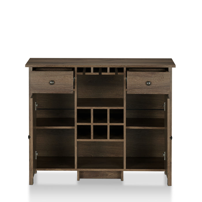 Front-facing distressed walnut wine bar cabinet against a white background. The transitional design presents 3 hanging stemware racks, 6 wine slot rack, and an open shelf. Flanking these are 2 open drawers and 2 open cabinets. Each cabinet reveals 2 shelves.