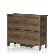 Angled finished backside of a distressed walnut wine bar cabinet against a white background.