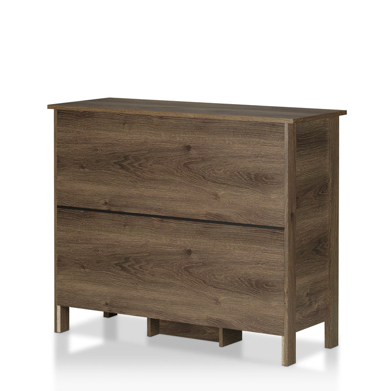 Angled finished backside of a distressed walnut wine bar cabinet against a white background.