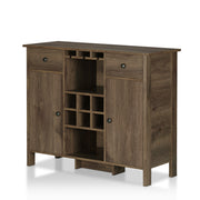 Left-angled distressed walnut wine bar cabinet against a white background. The transitional design presents 3 hanging stemware racks, 6 wine slot rack, and an open shelf. Flanking these are 2 drawers and 2 cabinets.