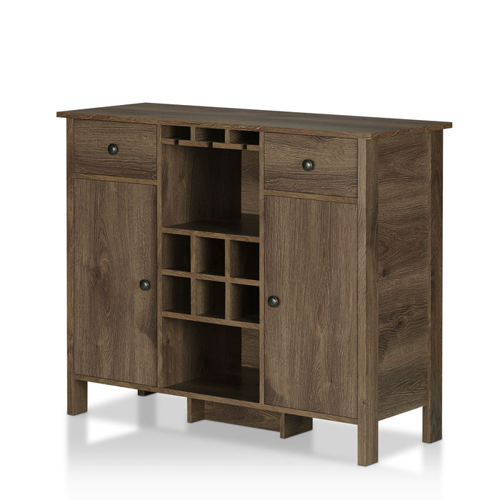 Left-angled distressed walnut wine bar cabinet against a white background. The transitional design presents 3 hanging stemware racks, 6 wine slot rack, and an open shelf. Flanking these are 2 drawers and 2 cabinets.