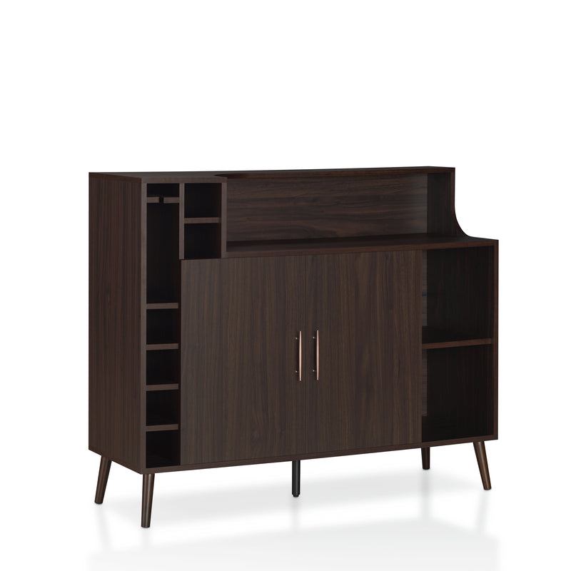 Right-angled wenge mid-century modern wine bar cabinet against a white background. Six wine slots and a stemware rack are stacked on the left. A double-door cabinet is adorned with pin-style pulls while the feet are tapered and flared for a mid-century modern vibe.