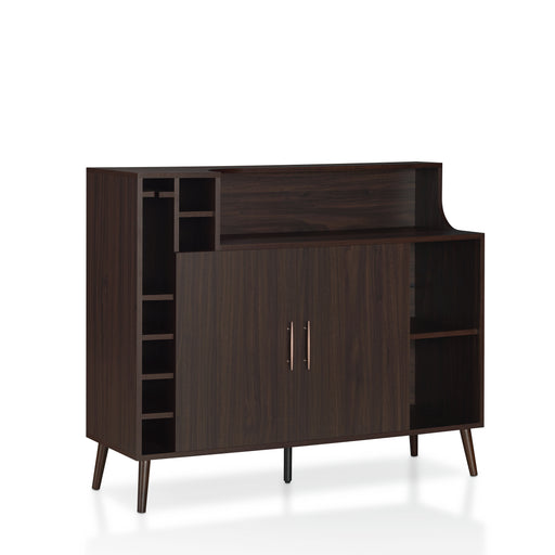 Right-angled wenge mid-century modern wine bar cabinet against a white background. Six wine slots and a stemware rack are stacked on the left. A double-door cabinet is adorned with pin-style pulls while the feet are tapered and flared for a mid-century modern vibe.