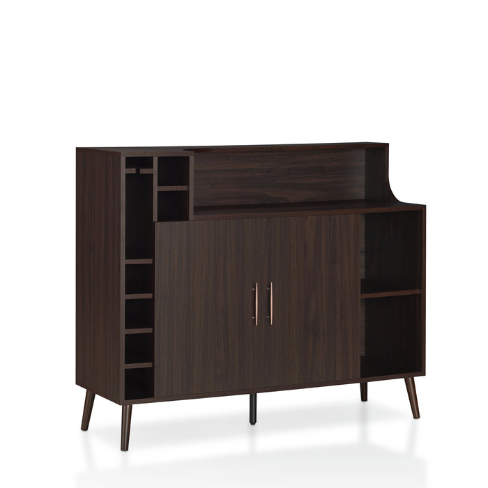 Right-angled wenge mid-century modern wine bar cabinet against a white background. Six wine slots and a stemware rack are stacked on the left. A double-door cabinet is adorned with pin-style pulls while the feet are tapered and flared for a mid-century modern vibe.