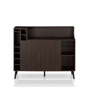 Front-facing wenge mid-century modern wine bar cabinet against a white background. Six wine slots and a stemware rack are stacked on the left. A double-door cabinet is adorned with pin-style pulls while the feet are tapered and flared for a mid-century modern vibe.
