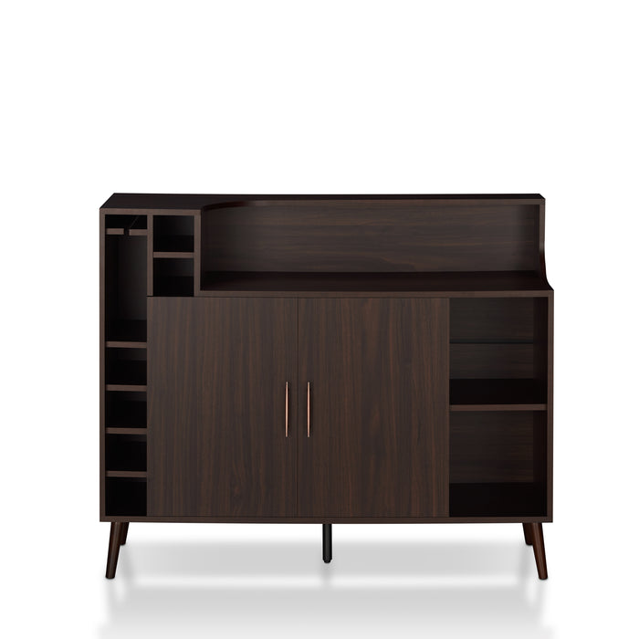 Front-facing wenge mid-century modern wine bar cabinet against a white background. Six wine slots and a stemware rack are stacked on the left. A double-door cabinet is adorned with pin-style pulls while the feet are tapered and flared for a mid-century modern vibe. 