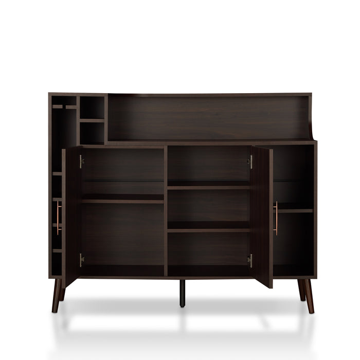 Front-facing wenge mid-century modern wine bar cabinet against a white background. A double-door cabinet is opened to reveal 5 interior shelves; 3 of which are adjustable.