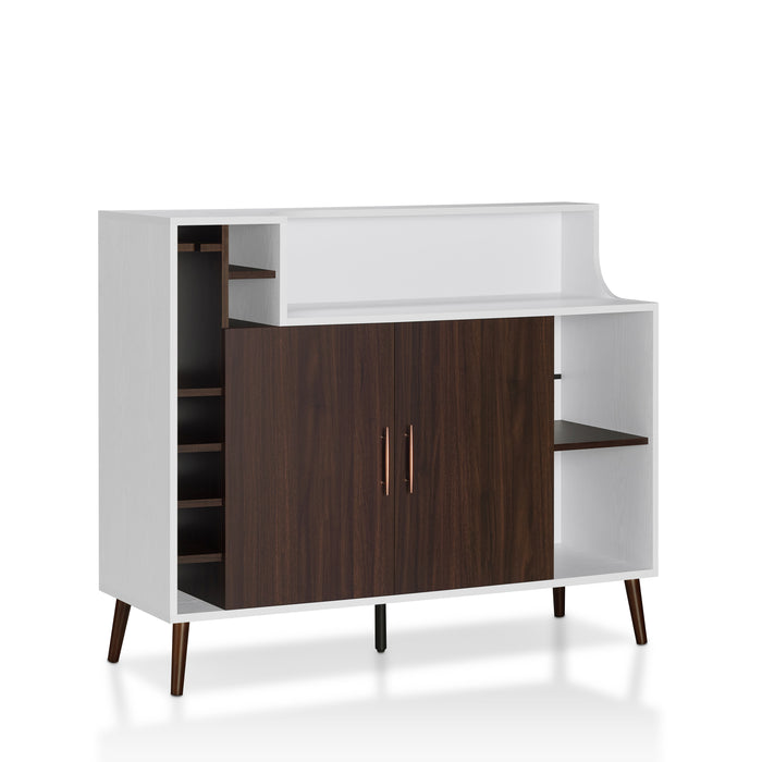 Right-angled white and wenge mid-century modern wine bar cabinet against a white background. Six wine slots and a stemware rack are stacked on the left. A double-door cabinet is adorned with pin-style pulls while the feet are tapered and flared for a mid-century modern vibe.