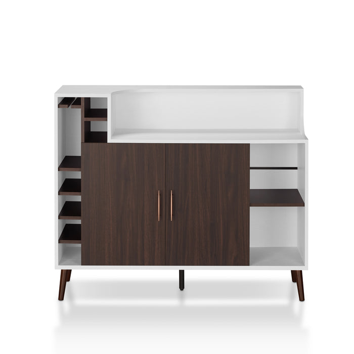 Front-facing white and wenge mid-century modern wine bar cabinet against a white background. Six wine slots and a stemware rack are stacked on the left. A double-door cabinet is adorned with pin-style pulls while the feet are tapered and flared for a mid-century modern vibe.